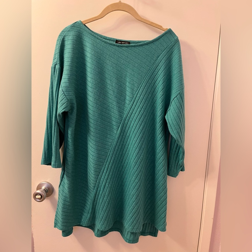 Lane Bryant Tunic Top Women's 14/16 Green Ribbed Knit 3/4 Sleeve Comfy